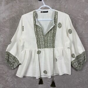 Zara Women Green Print Boho Rustic Blouse Off White Tassel Tie M Peasant